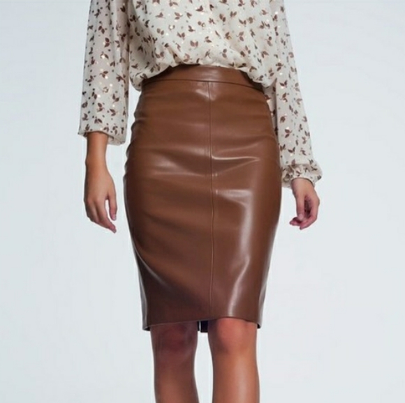 Private Label Dresses & Skirts - Camel Faux Leather Pencil Skirts -LIMITED STOCK